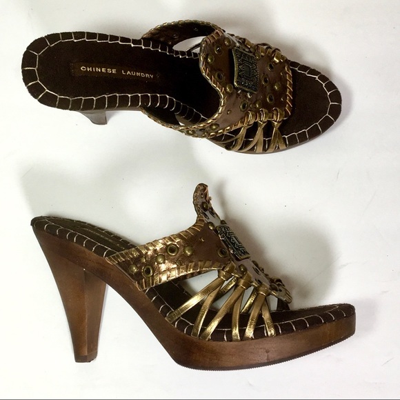 CHINESE LAUNDRY Global bronze wood platform sandals size 8, NIB - Picture 7 of 10